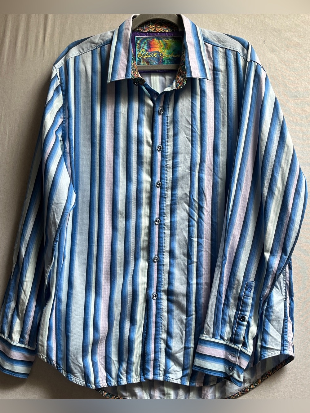 Robert Graham Size L Large Blue Vertical Stripe Cotton Button Down S